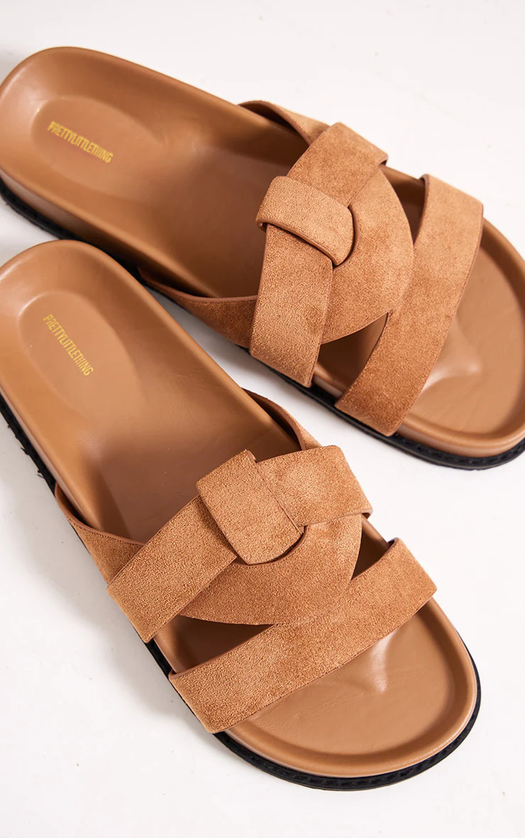 Sand Faux Suede Round Toe Weave Strap Sandals | PrettyLittleThing UK