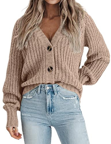 Zeagoo Women's Chunky Knitted Cardigans Long Sleeve Open Front Cropped Cardigans V Neck Button Sweaters, Khaki | Amazon (US)