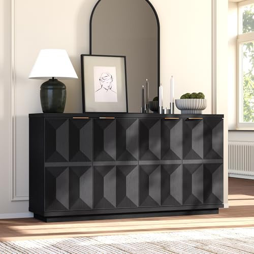 Yechen Black 59" Sideboard Buffet Cabinet with Storage, Modern Credenza with 3D Geometric Pattern Doors & Adjustable Shelves, Accent Wood Media Console Table for Living Room, Kitchen, Entryway | Amazon (US)