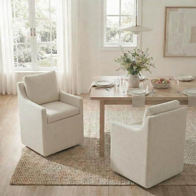 Upholstered Dining Chairs Set of 2, Modern Dining Room Chairs with Casters & Washable Cover, Roll... | Amazon (US)
