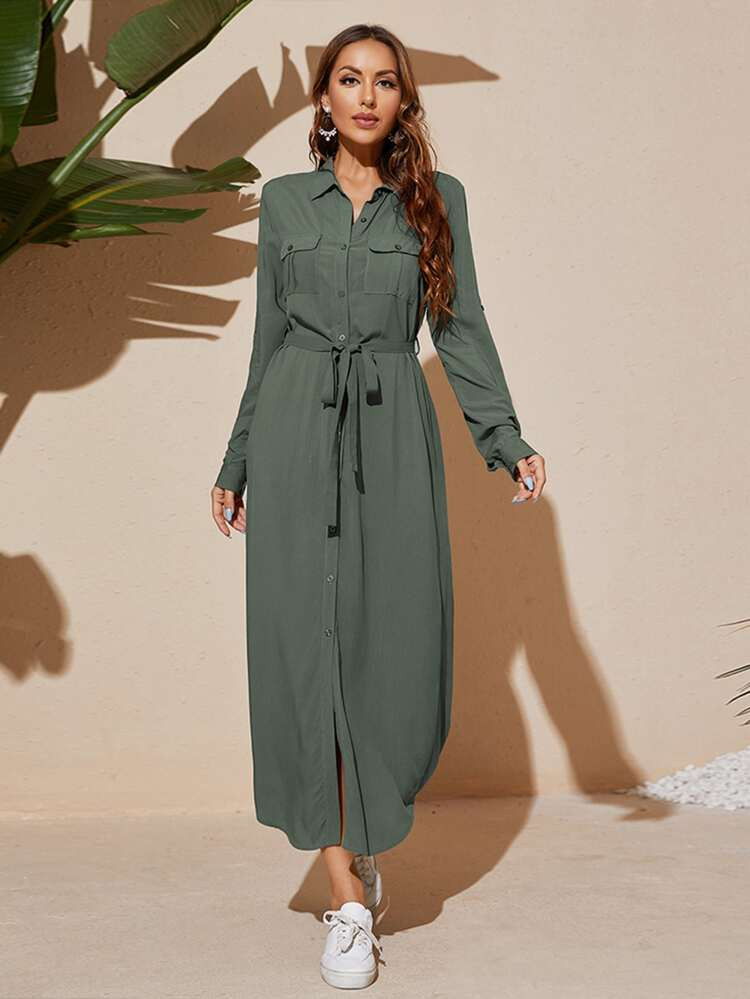 Roll Up Sleeve Flap Pocket Belted Shirt Dress | SHEIN