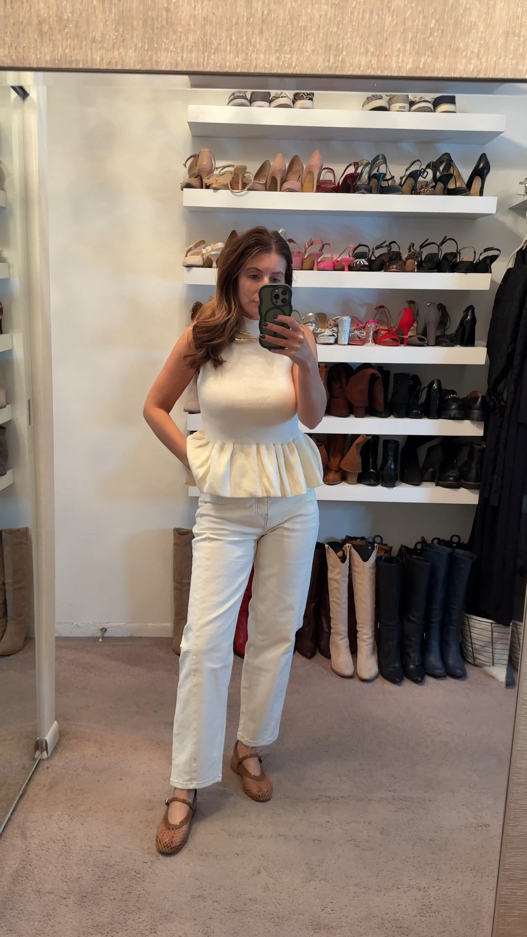 Casual spring outfit, cream sleeveless peplum sweater (wearing a size medium), off white barrel leg jeans (wearing a size 2), brown mesh ballet flats, forest green clutch, gold jewelry, casual outfit, spring outfit, easy outfit, elevated basics, style on a budget 

#LTKSaleAlert #LTKootd #LTKSeasonal