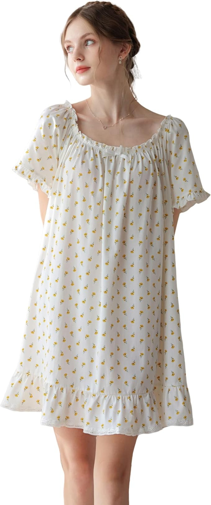 Women's Cotton Nightgowns Vintage Lightweight Gown Sets Short Sleeve Princess Nightdress | Amazon (US)