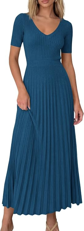 PRETTYGARDEN Women's 2026 Spring Midi Sweater Dresses Elegant Pleated Ribbed Knit Short Sleeve V ... | Amazon (US)