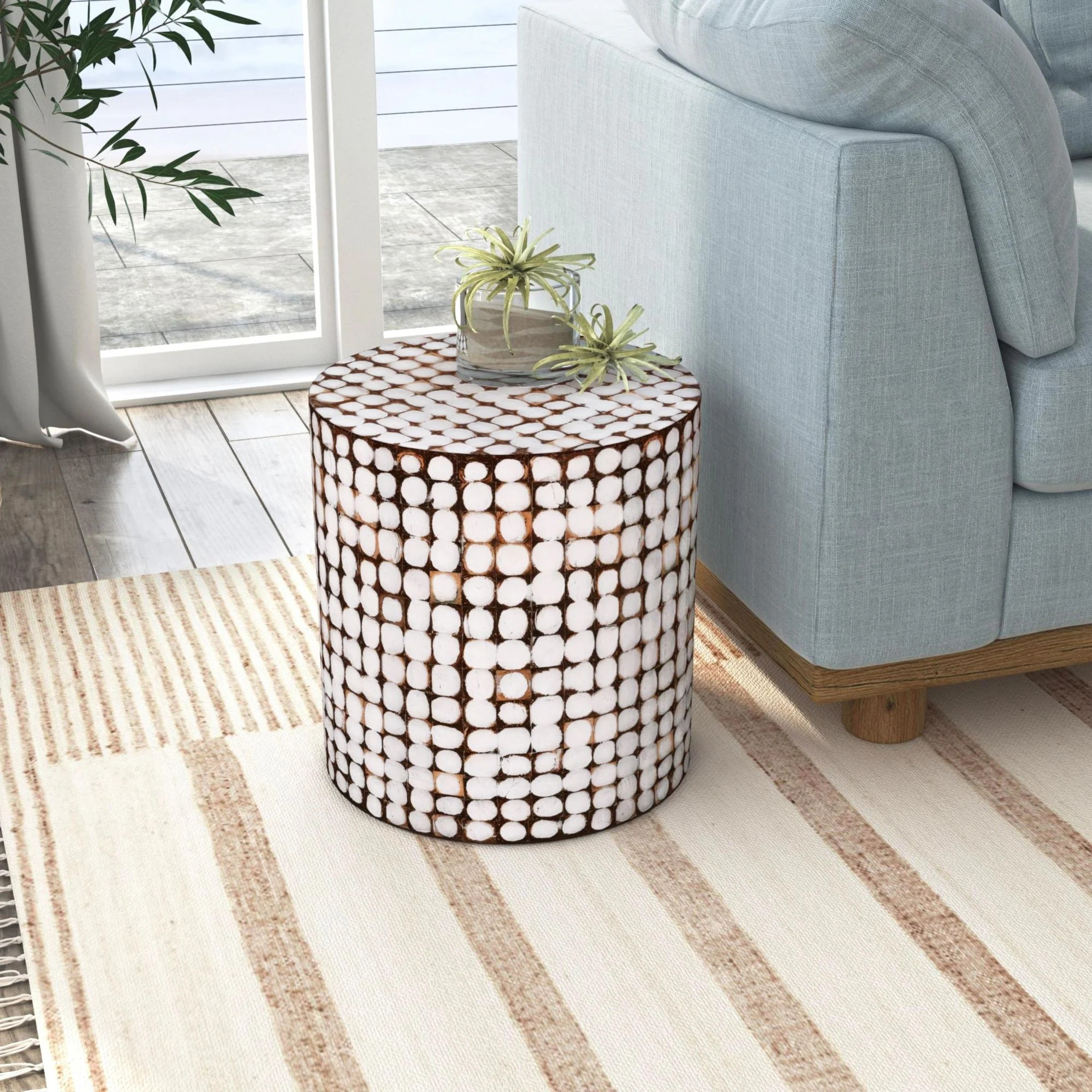 Round Coconut Shell Mosaic Accent Table by East at Main - White | Overstock