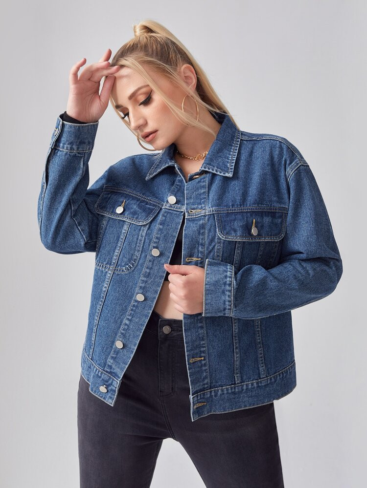 Plus Flap Pocket Front Denim Jacket | SHEIN