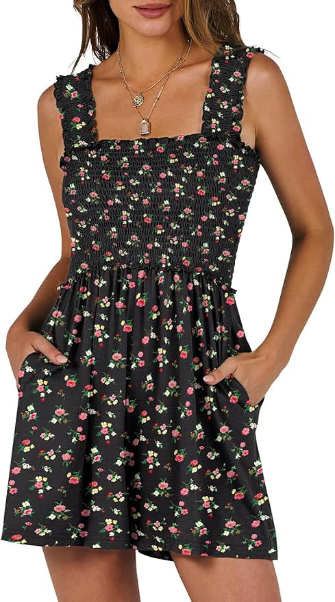Caracilia Women's Summer Casual Smocked Rompers Square Neck Sleeveless Loose Shorts Jumpsuit 2026... | Amazon (US)