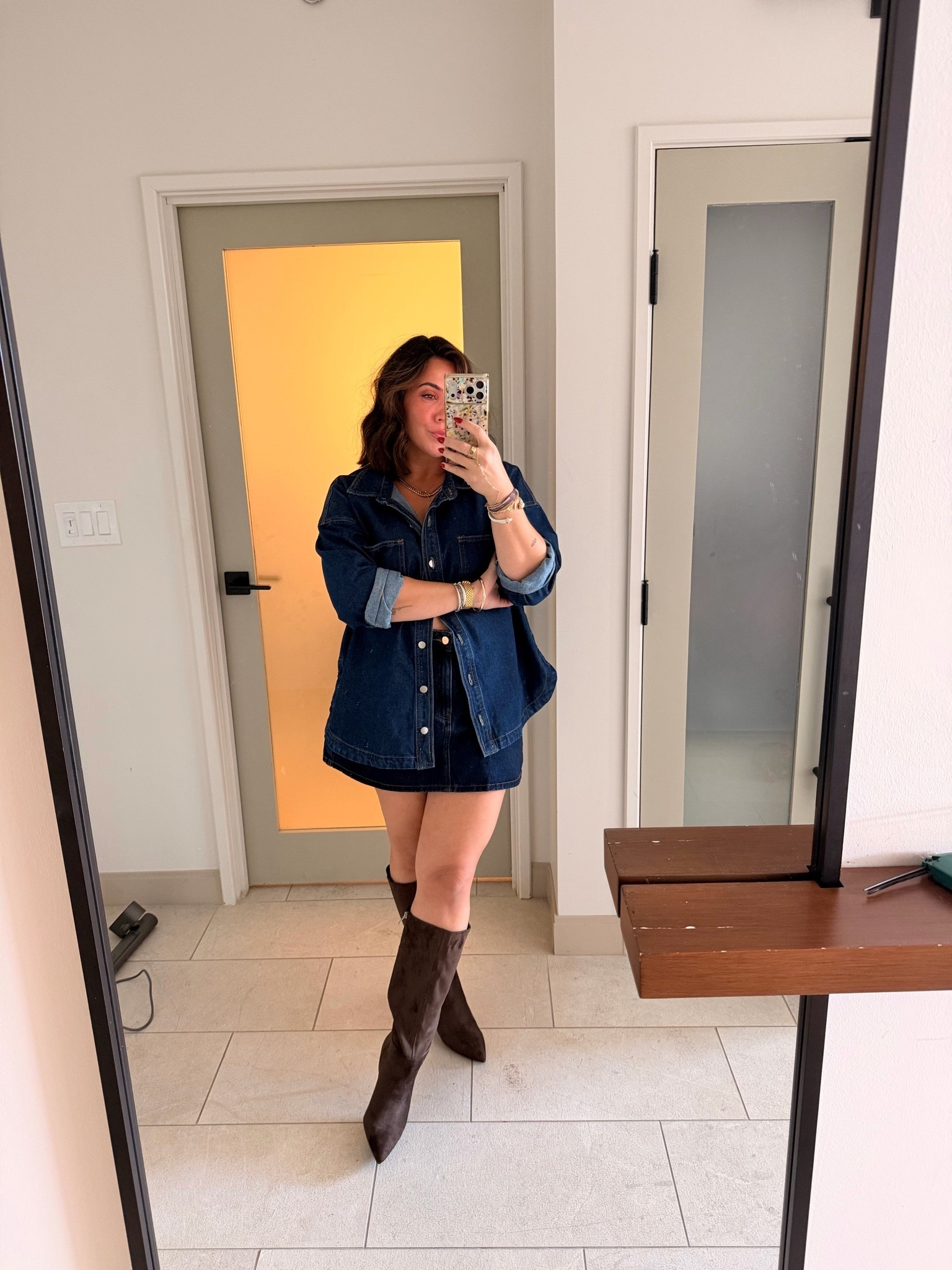 Denim skirt and top! Both size L/10. Boots are wide calf! Easy fall outfit!