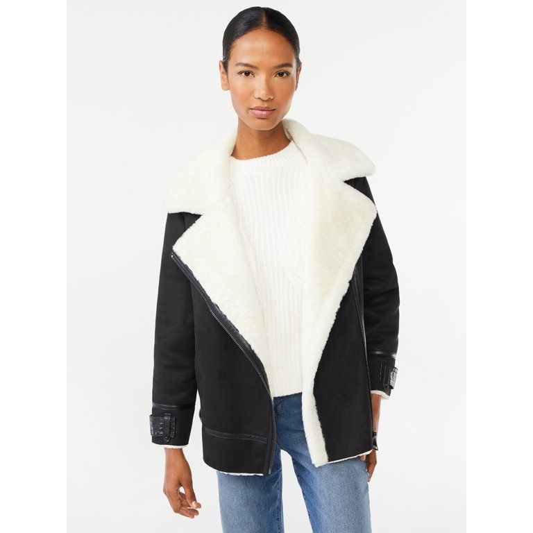 Scoop Women's Faux Suede Oversized Moto Jacket with Faux Fur Lining | Walmart (US)