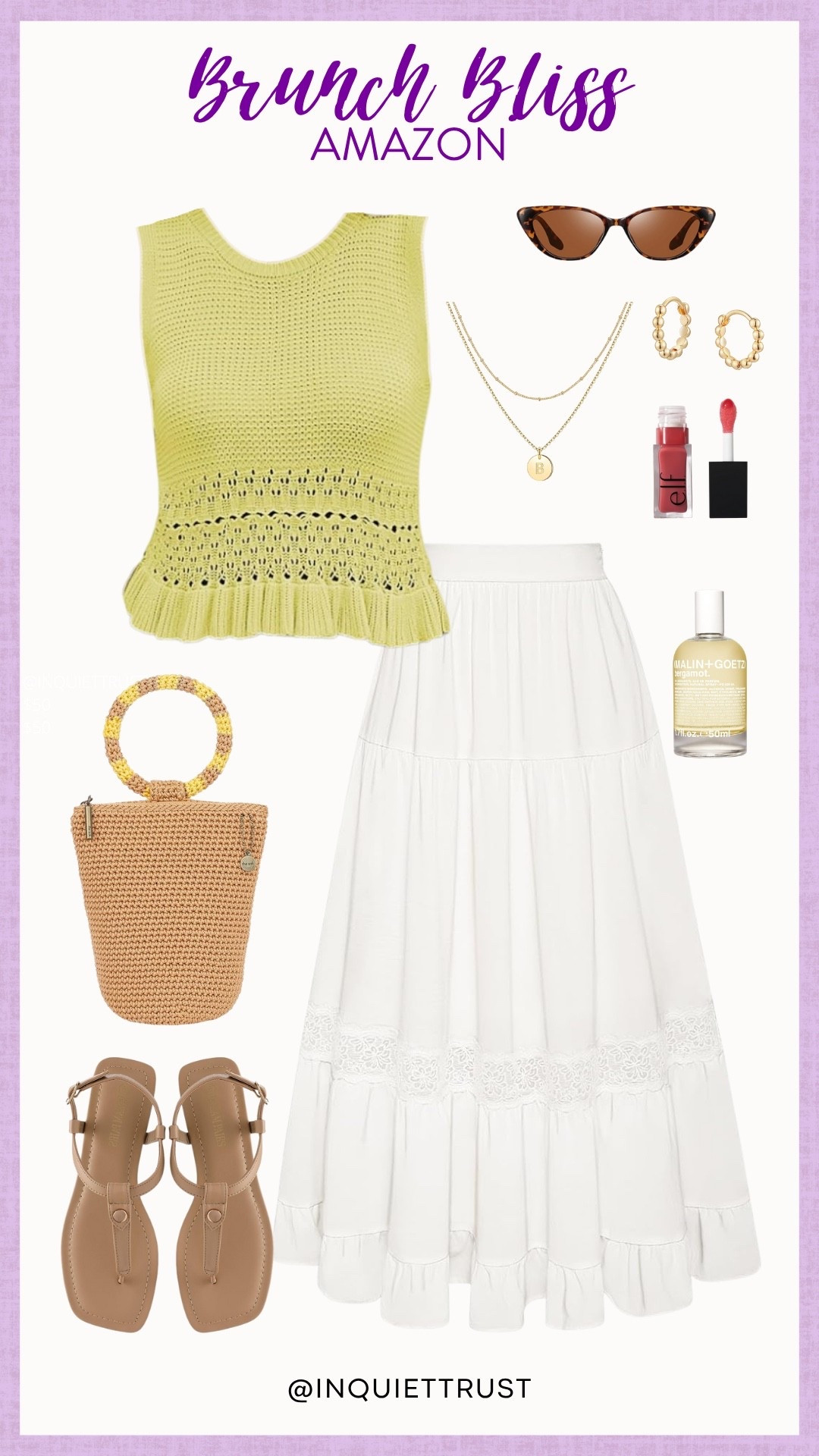 If you wanna try out a combination of boho and preppy look for your next brunch date, try out this outfit with a white flowy midi skirt, a yellow crochet eyelet top, thong sandals, and an iconic raffia ring handle pouch to put your essentials! 
#pinterestvibes #beachvacation #resortwear #amazonfashion

#LTKU #LTKSeasonal #LTKStyleTip