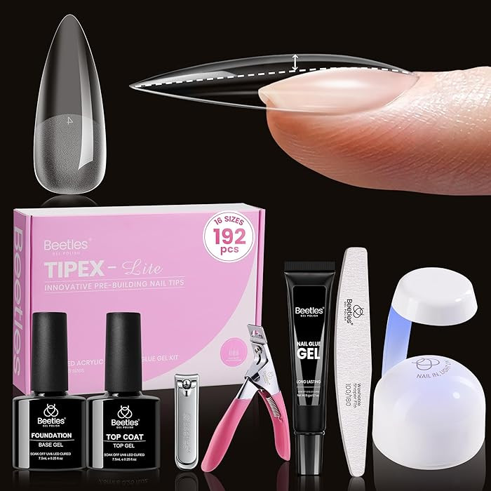 Beetles Tipex Lite Apex Nail Tips Kit, Stiletto Medium,192pcs 16 Sizes, with UV Nail Glue, Base &... | Amazon (US)