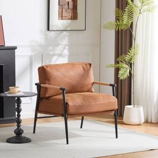 Minimalist Metal Frame Brown PU Faux Leather Arm Chair, Accent Chair with Plush Cushions, Wooden Armrests | The Home Depot