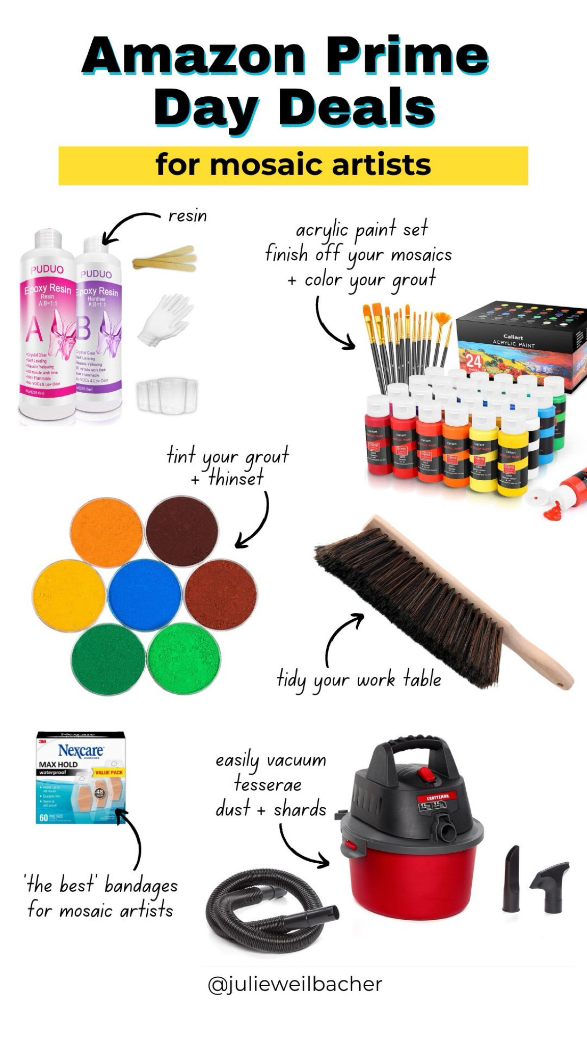 Sharing Amazon Prime Day deals for mosaic artists. ⭐️ For mosaic tips, tutorials, inspiration, and so much more please visit my YouTube channel: YouTube.com/julieweilbacher. Follow @julieweilbacher on Instagram for all things mosaic art. tools - Amazon Prime Day deals - mosaic - resin art - Dremel - craft paint - mosaic art - craft supplies - crafts - wet dry vac - little vacuum cleaner - bench brush

#LTKFindsUnder50 #LTKHome #LTKSaleAlert