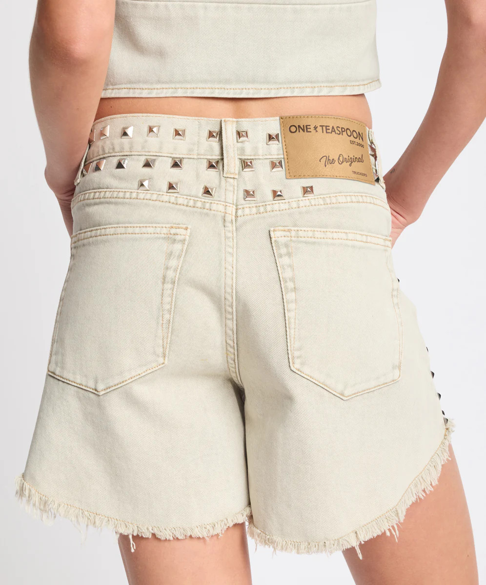 Truckers Mid Waist Studded Denim Shorts - Antique Khaki | One Teaspoon | OneTeaspoon