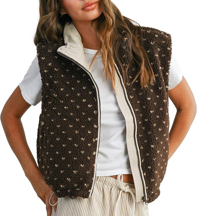 Slouchy Fleece Jacket Women Sleeveless High Neck Full Zipper Polka Dot Sherpa Vest Fuzzy Waistcoa... | Amazon (US)
