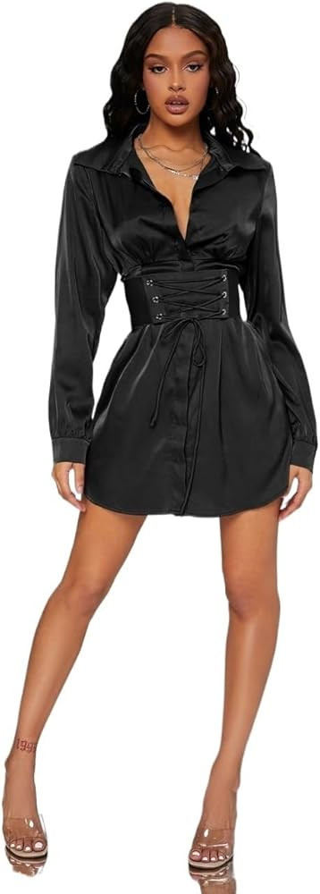 METOES Women's 2024 Long Sleeve Mini Short Dress Corset Lace Up Waist Satin Shirt Dress | Amazon (US)