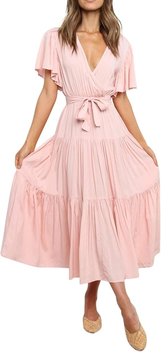 R.Vivimos Women's Fall Cotton Long Sleeves Irregular Polka Dot V Neck Casual Flowy Midi Dress | Amazon (US)