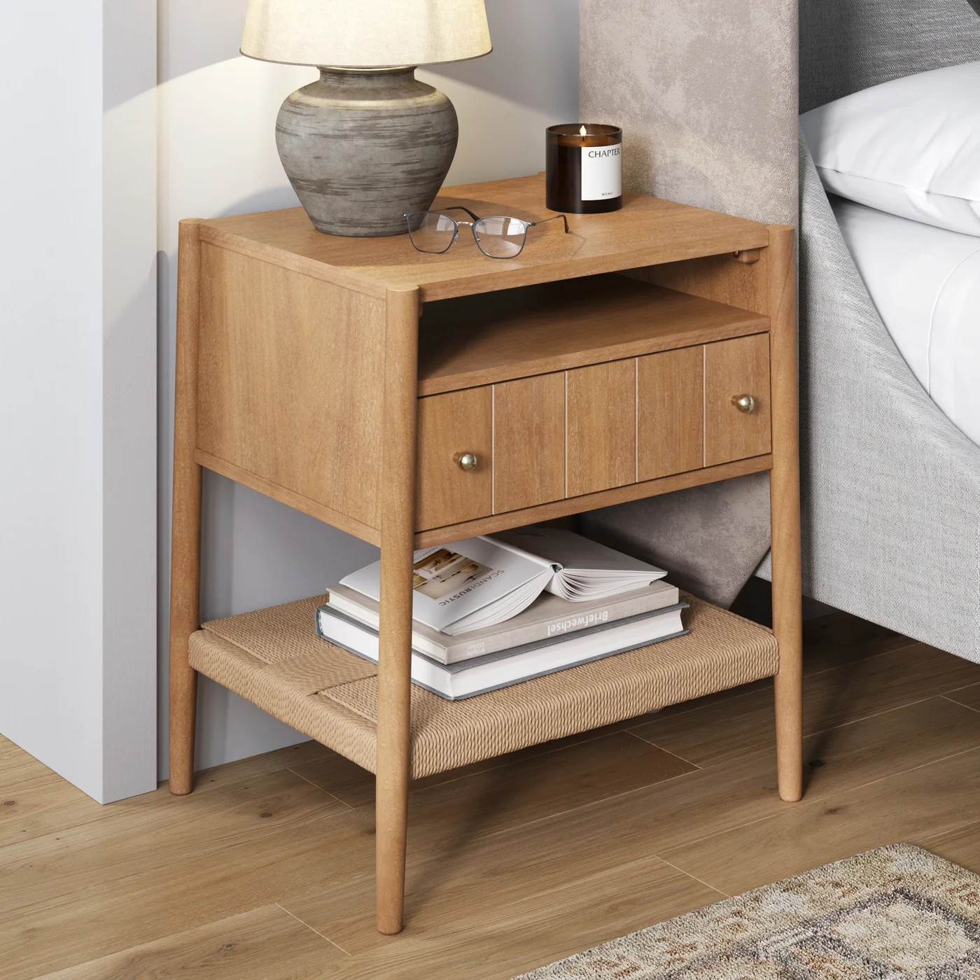 Wood Nightstand with Drawer & Seagrass Storage Light Brown | Nathan James