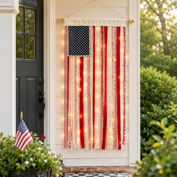 American Flag 4th of July Decorations, Lighted Patriotic Rag Banner with Ribbon Tassels, Vintage ... | Amazon (US)