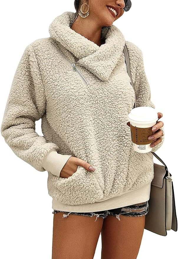 KIRUNDO 2022 Fall Winter Women's Lapel Fuzzy Fleece Sweatshirt Faux Shearling Zip Warm Sherpa Pul... | Amazon (US)