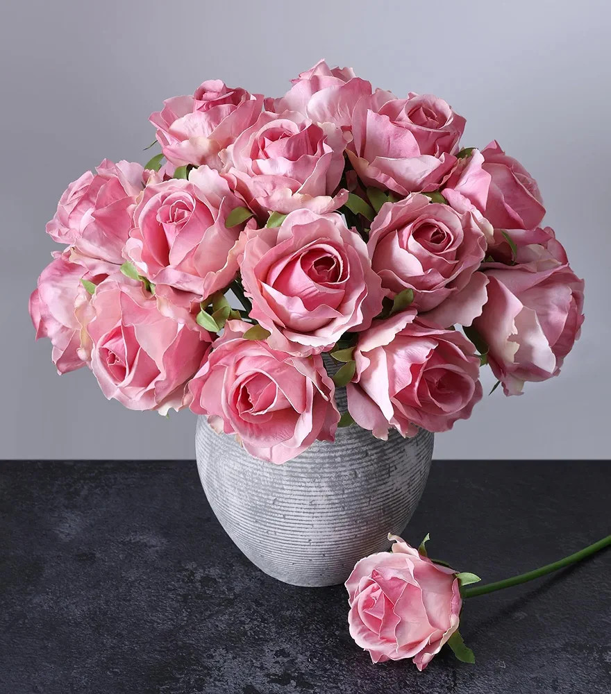 Ivydale 18pcs Pink Roses Artificial Flowers, Fake Roses Silk Flowers with Stems Realistic Bouquet... | Amazon (US)