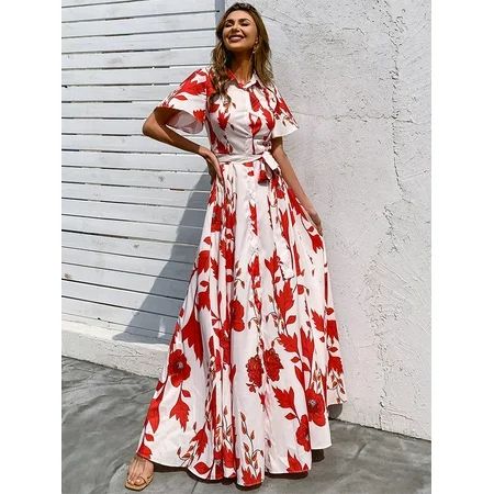 Women s Floral Print Button Through Belted Bell Sleeve Longline Dress 130275W22112 | Walmart (US)