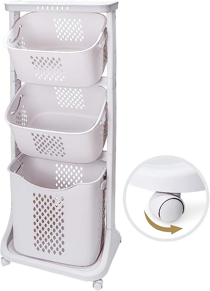 Homde Laundry Basket 3 Tier Rolling Laundry Cart with Wheel Washing Hamper Storage Bin Removable ... | Amazon (US)