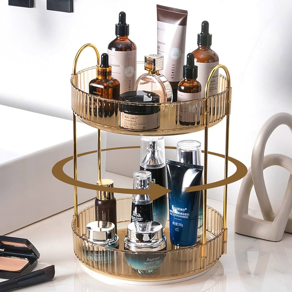 Rotating Makeup Organizer for Vanity 2 Tier, High-Capacity Skincare Clear Make Up Storage Perfume... | Amazon (US)