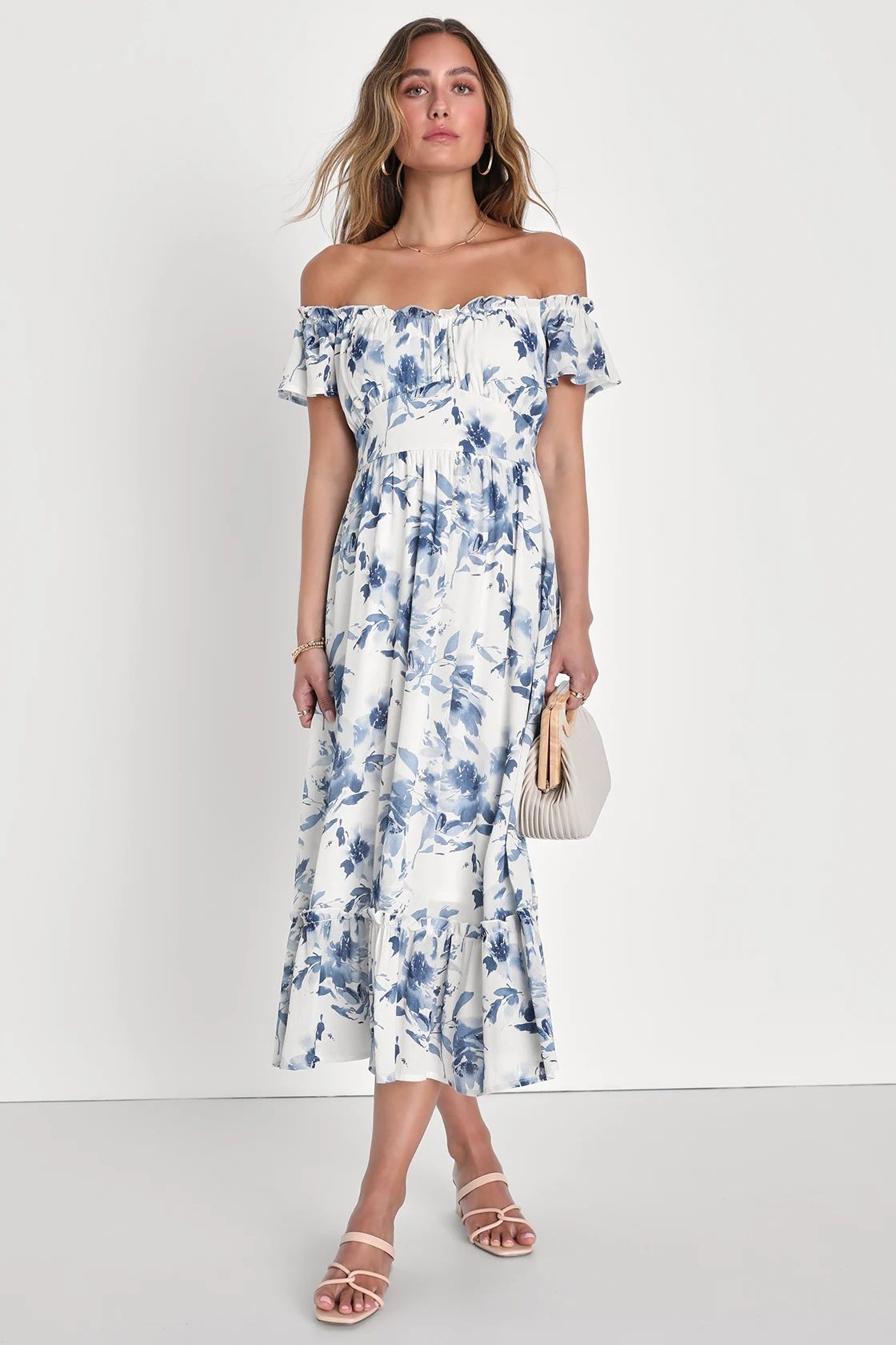 Delightfully Sweet White Floral Off-the-Shoulder Midi Dress | Lulus