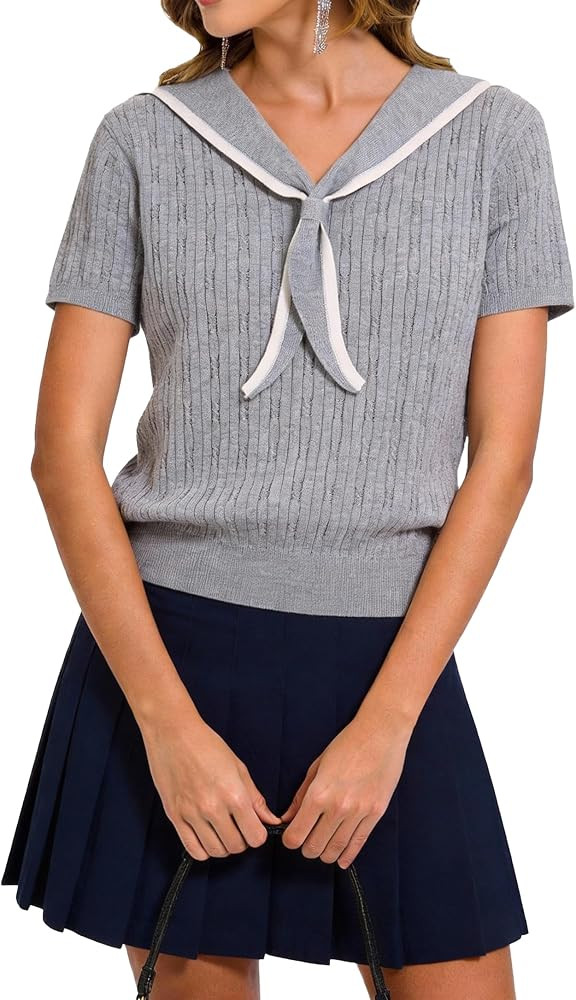 Women's Short Sleeve Cable Knit Sweaters Sailor Collar Summer 2026 Casual Knitted Pullover Tops | Amazon (US)