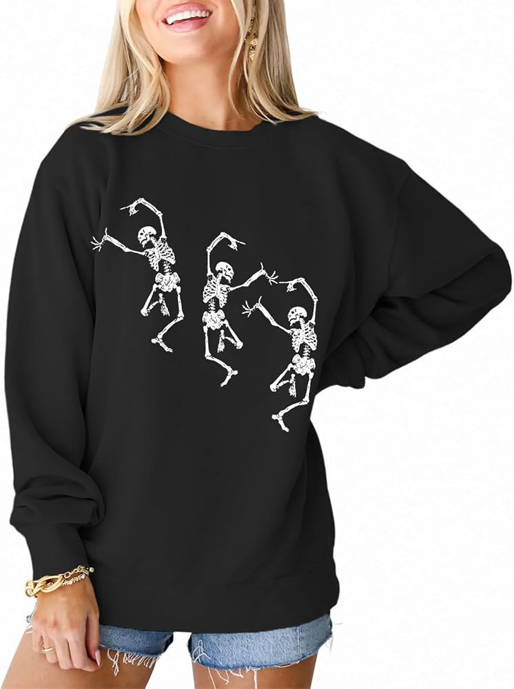 BOUTIKOME Women's Halloween Sweatshirts Dancing Skeleton Shirts Horror Skull Long Sleeve Crewneck... | Amazon (US)