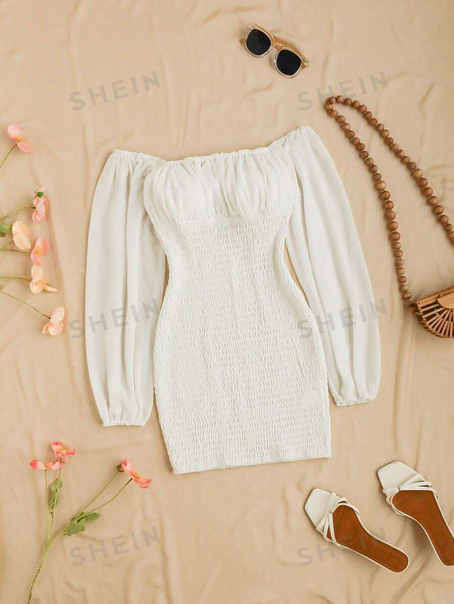 SHEIN WYWH Women's Off-Shoulder Fitted Bodycon Dress With See-Through Design | SHEIN