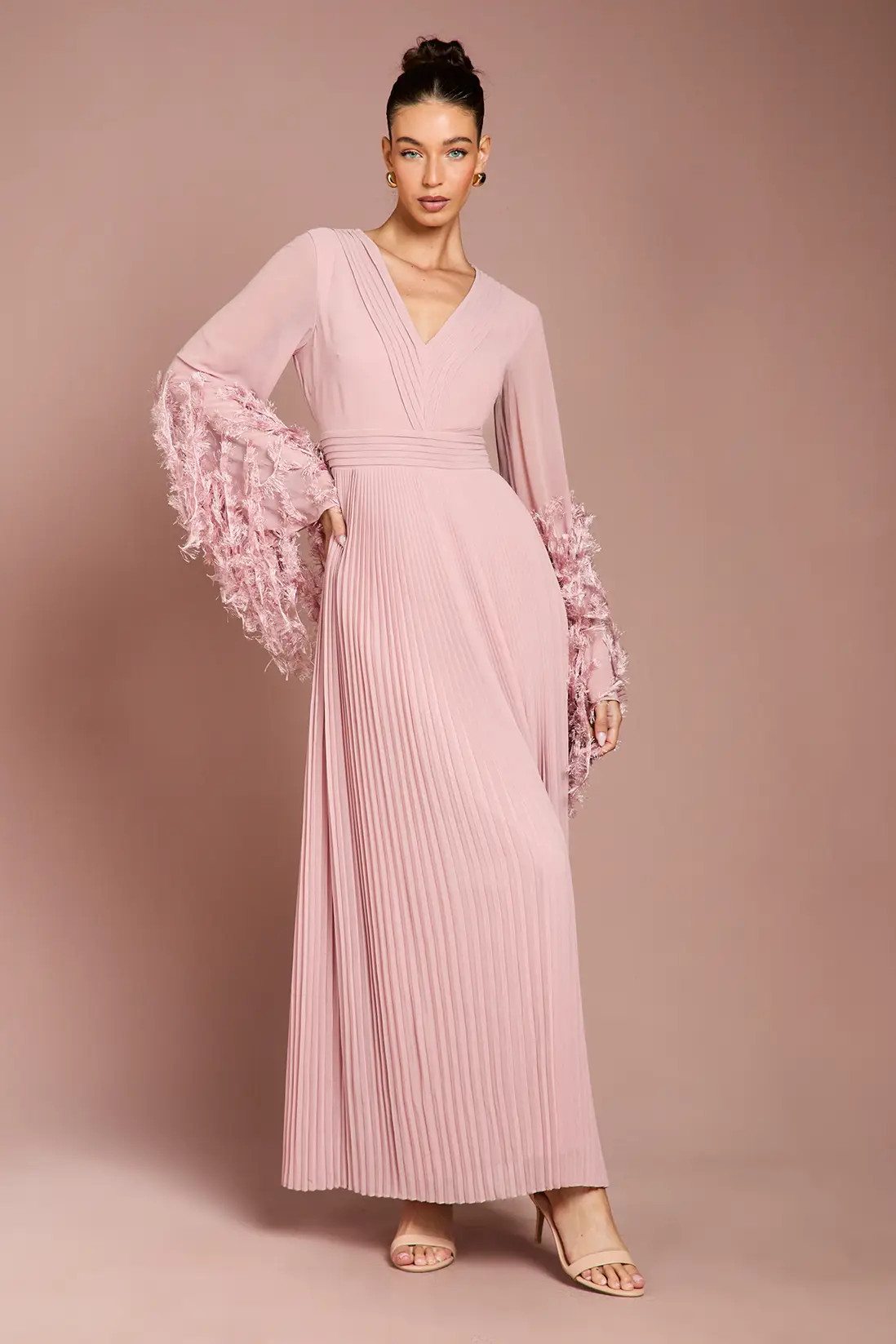 Blush Coast Feather Cuff V Neck Georgette Maxi Dress | Boohoo USA | boohoo (US & Canada)
