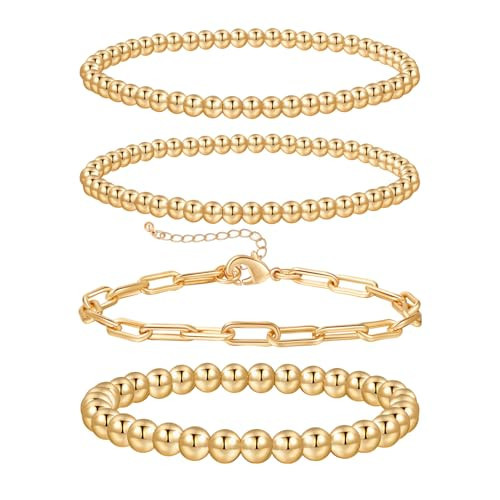 VEEDOFA Gold Bracelets for Women, Hypoallergenic 14K Gold Plated Beaded Bracelets, Adjustable Gold Stretch Bead Ball Bracelet Stack Gift for Women | Amazon (US)
