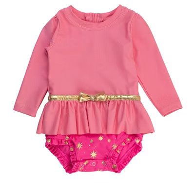 RuffleButts Baby Girls UPF50+ Princess Long Sleeve Bow Skirted One Piece Swimsuit - Royal Pink Princess, 3-6m | Target
