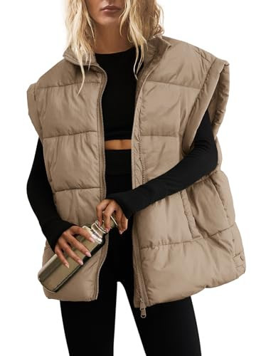 SENSERISE Womens Oversized Puffer Vest Quilted Jacket Bubble Vest Puffy Coats Zip Up Outerwear with Pockets Padded Gilet(Khaki,S) | Amazon (US)