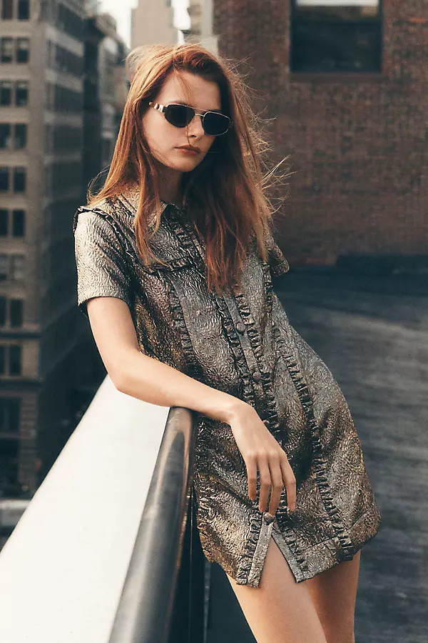 By Anthropologie Short-Sleeve Metallic Brocade Mini Dress | Anthropologie (US)