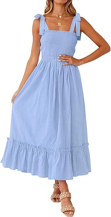 Tobrief Women's Boho Dress Summer Spaghetti Strap Square Neck Flowy Ruffle Beach Long Maxi Dress | Amazon (US)