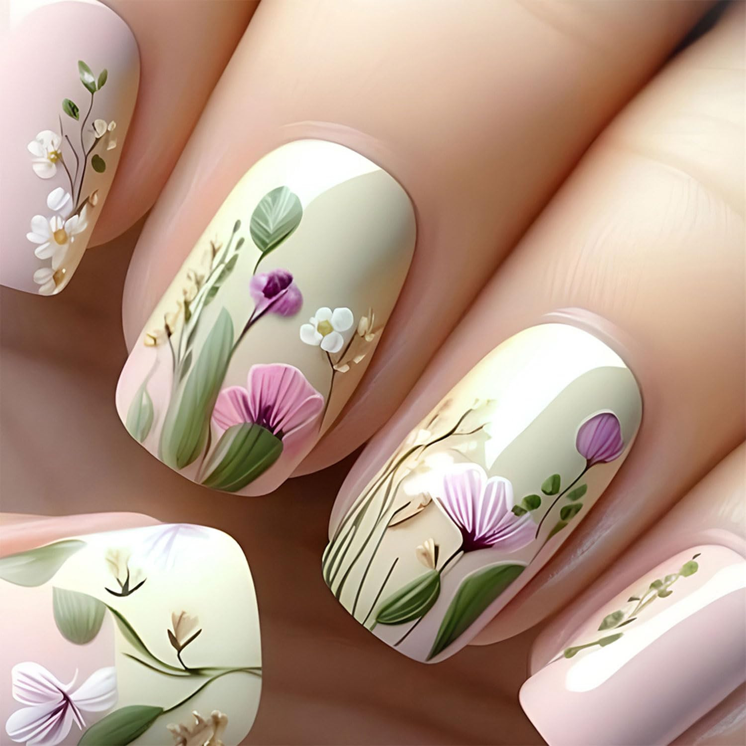 24Pcs Flower Press on Nails Short Square Fake Nails Spring Floral with Designs Glue on Nails Glos... | Amazon (US)