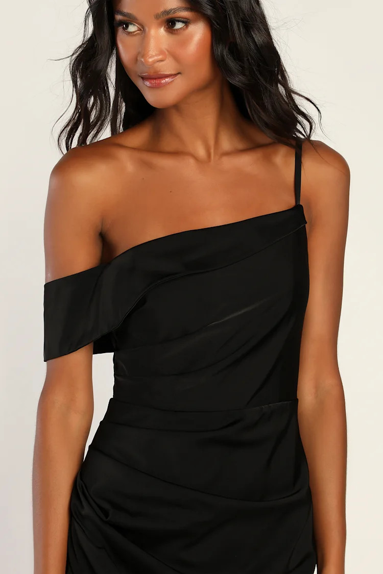 Showing Off a Little Black Asymmetrical Tulip Midi Dress | Lulus