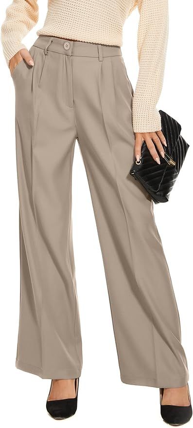 FUNYYZO Wide Leg Pants High Elastic Waisted in The Back Business Work Trousers Long Straight Suit... | Amazon (US)