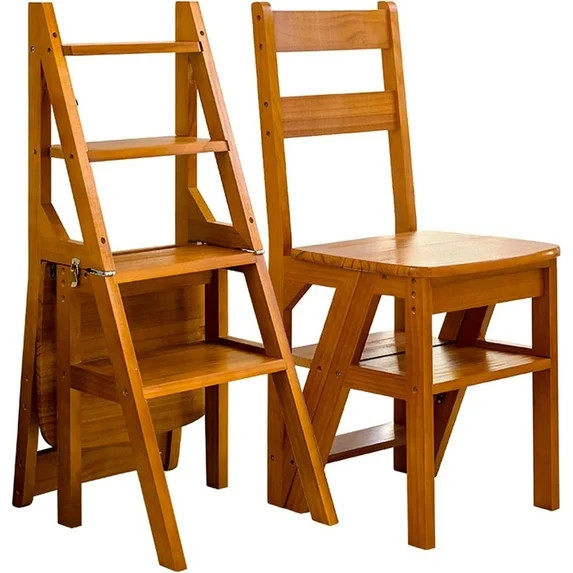 4 Tier Folding Step Ladder, 3-in-1 Wooden Folding Ladder Chair, Portable Multi-Function Step Stoo... | Walmart (US)