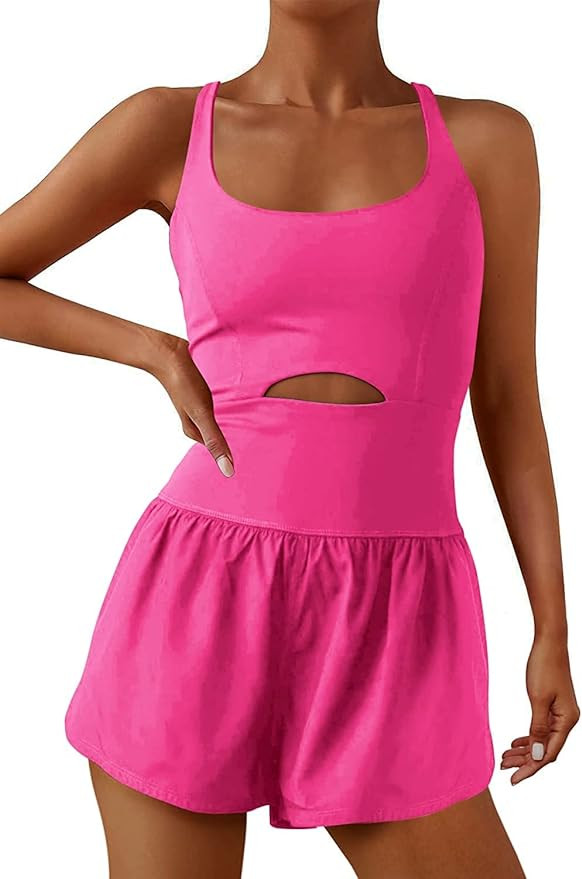Womens Workout Athletic Romper One Piece Exercise Jumpsuit Shorts Gym Clothes Outfits With Back Z... | Amazon (US)