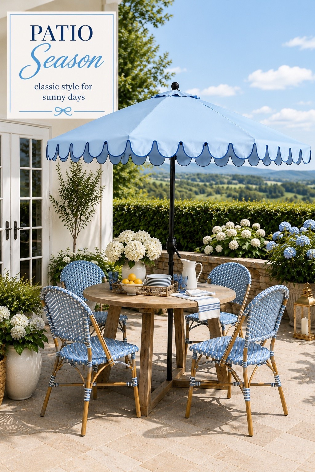 Patio Season officially underway! ☀️

Just snagged this scalloped umbrella to complete my little setup on the patio. It’s giving tiny European café ✨

The blue tones, woven chairs, warm wood, and soft details feel so fresh for summer hosting, morning coffee, and evening dinner out back.

Everything linked below if you’re creating your own patio moment this season ⬇️

#LTKMothersDay #LTKSeasonal #LTKHome