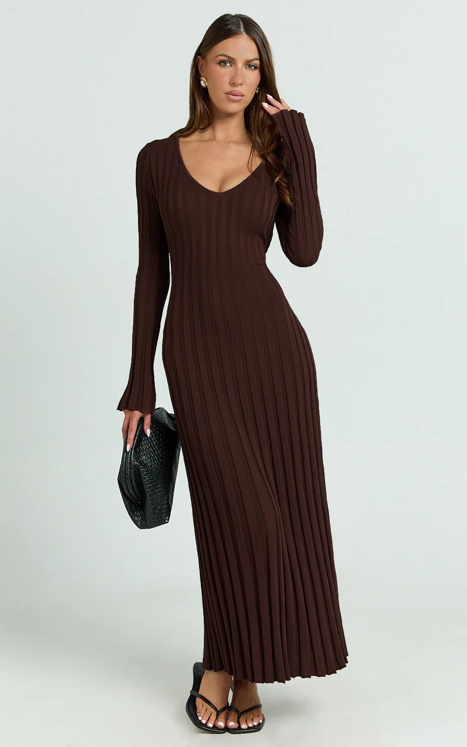 Astra Maxi Dress - V Neck Long Sleeve Knit Dress in Chocolate | Showpo (US, UK & Europe)