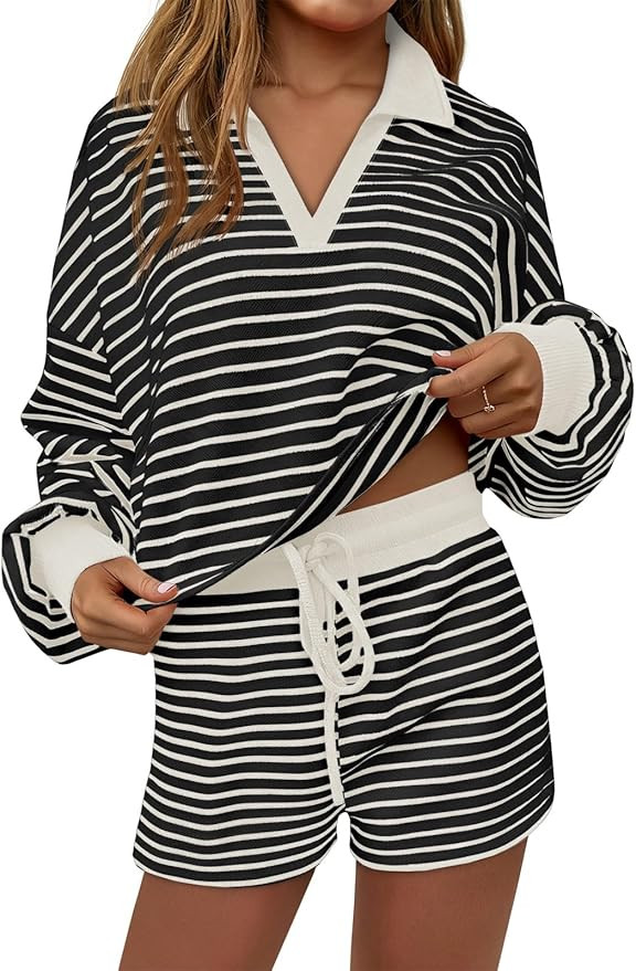 Tankaneo Womens Striped 2 Piece Outfits Casual Sweatshirt short Set Long Sleeve Workout Set Match... | Amazon (US)