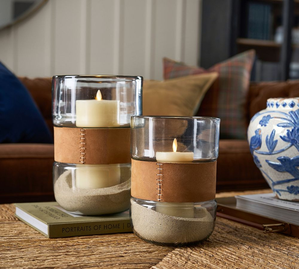 Saddle Faux Leather Hurricane Candleholder | Pottery Barn (US)