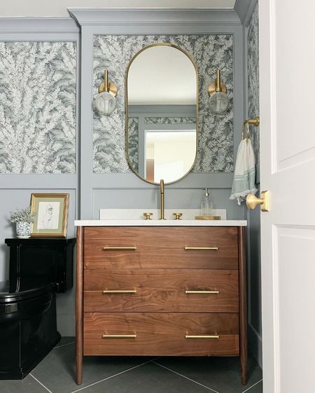 Guest bath, basement bathroom, vanity, kohler, bathroom sconce, black toilet, gold mirror, faucet, wallpaper, bathroom inspiration

#LTKbeauty #LTKsalealert #LTKstyletip