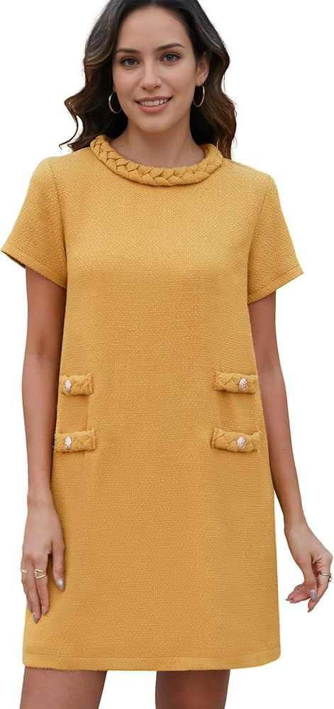 Womens Tweed Jackie Dress Elegant Crew Neck Short Sleeve Button Bodycon Mini Dress | Amazon (US)