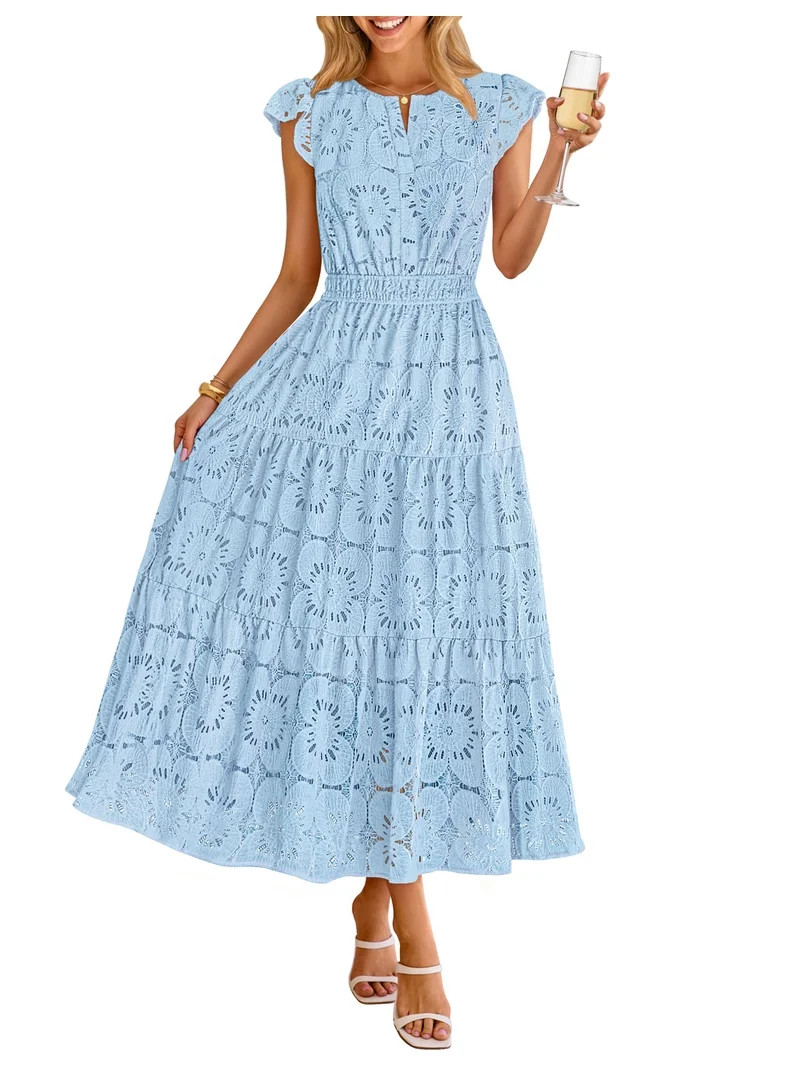 MEROKEETY Women's 2026 Summer Lace Eyelet Boho Maxi Dress Flowy Beach Vacation Dress, Blue, M | Walmart (US)